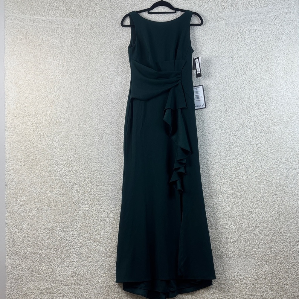 Adam Dark Green Sleeveless Ruffle Evening Gown